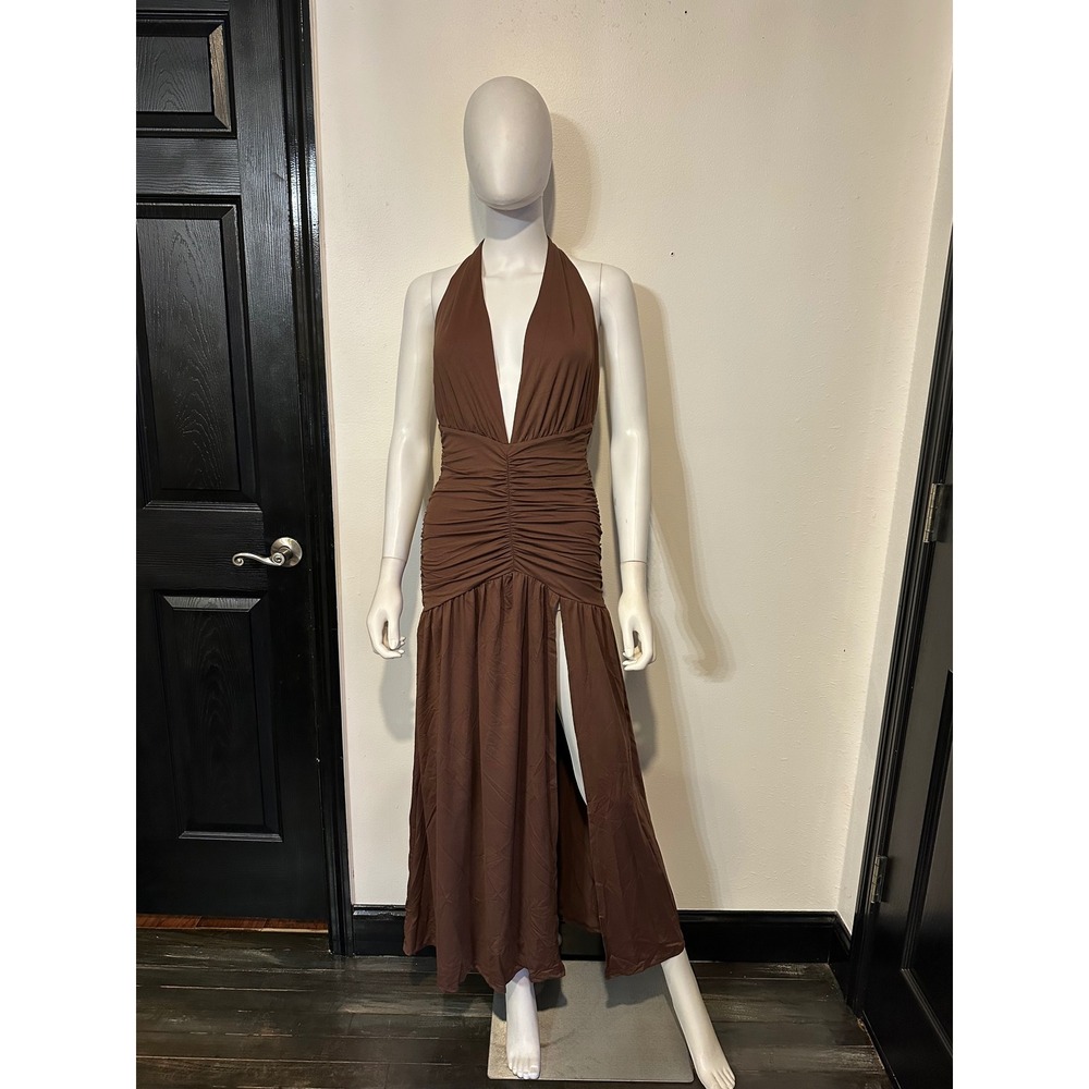 SHEIN chocolate Brown Halter Maxi Dress Plunging Ruched Slit Backless Evening - Picture 3 of 4